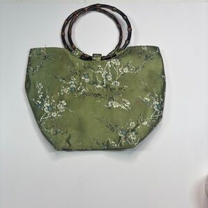 Oriental Floral Embroidered Purse Zipper Top Faux Silk Bamboo Handles
